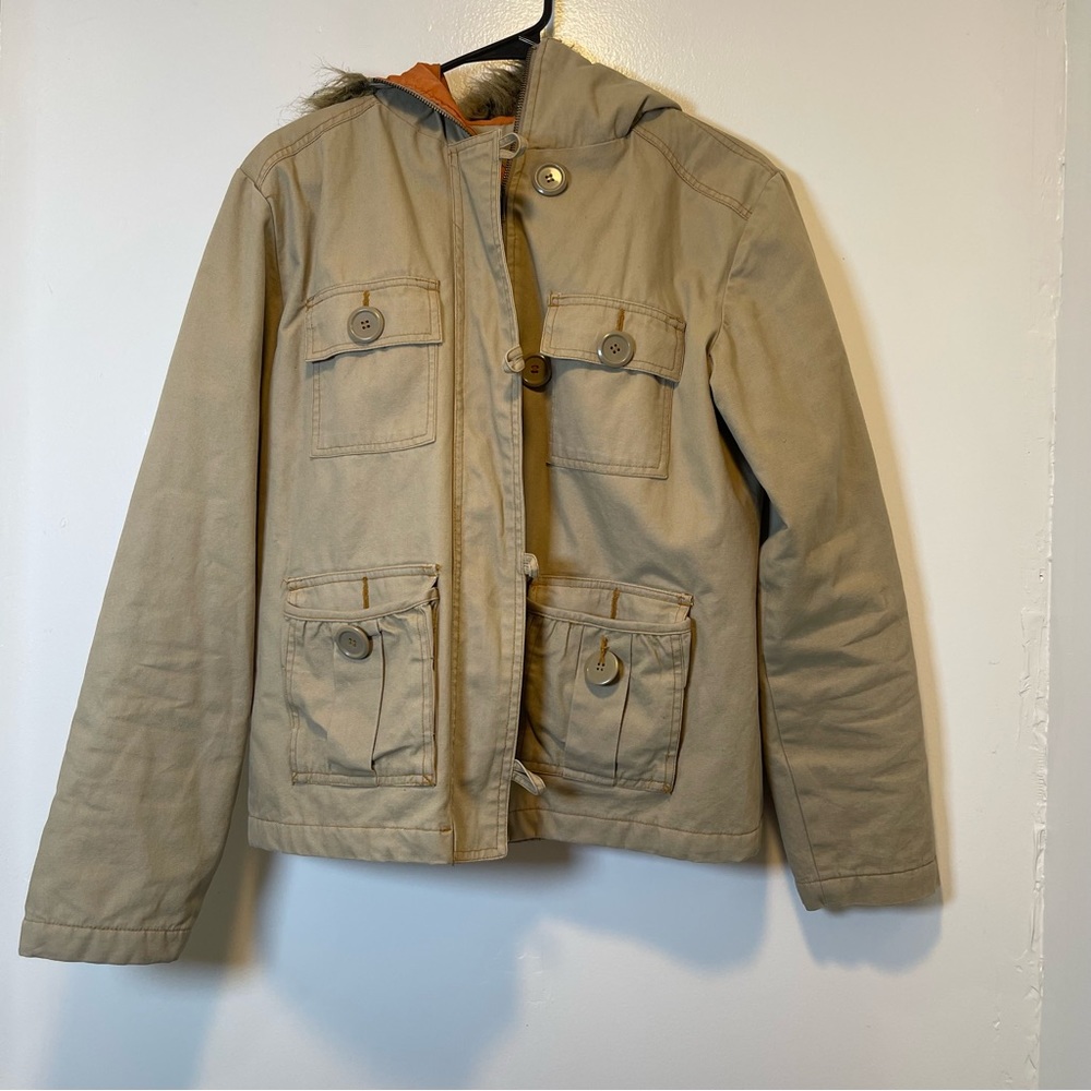 SF415 tan coat with fur hood women's size large